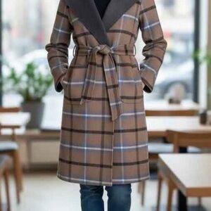 Elie Tahari Tan and Gray Plaid Trench Coat NWT size Xl